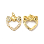 Rack Plating Brass Micro Pave Clear Cubic Zirconia Pendants, with Jump Rings & Acrylic Imitation Pearl, Long-Lasting Plated, Lead Free & Cadmium Free, Heart with Bowknot Charm, Real 18K Gold Plated, 19x17x4mm, Hole: 3.5mm(KK-A177-26G)