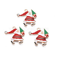 Christmas Alloy Enamel Pendants, with Crystal Rhinestone, Cadmium Free & Lead Free, Light Gold, Santa Claus, Red, 22x23.5x2.5mm, Hole: 1.8mm(ENAM-Q442-52)