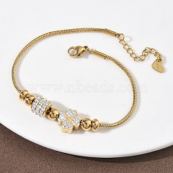 European Style Polymer Clay Rhinestones & 201 Stainless Steel Beaded Bracelets, 304 Stainless Steel Snake Chain Bracelets for Women, Ion Plating(IP), Real 18K Gold Plated, Clover, 7-5/8 inch(19.4cm)(BJEW-G765-01G-02)