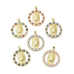 Rack Plating Brass Micro Pave Clear Cubic Zirconia Pendants, with Enamel, Cadmium Free & Lead Free, Real 18K Gold Plated, Ring & Oval with Saint & Evil Eye, Mixed Color, 32.5x30x3.5mm, Hole: 3.5x5mm(ZIRC-I059-13G)
