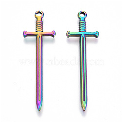 304 Stainless Steel Pendants, Sword Charm, Rainbow Color, 45x13.5x2mm, Hole: 1.8mm(STAS-N098-135M)