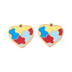 PVD Vacuum Plating 304 Stainless Steel Enamel Pendants, Manual Polishing, Heart with Puzzle Pattern, Real 18K Gold Plated, 15x15x1mm, Hole: 1.2mm(STAS-P295-03G)