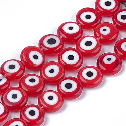 Handmade Evil Eye Lampwork Beads Strands, Flat Round, Red, 9.5~10.5x3.5~4mm, Hole: 1.2mm, about 38pcs/strand, 14.1 inch~14.5 inch(LAMP-S191-01C-02)