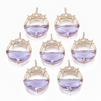 Glass Pendants, with Brass Micro Pave Cubic Zirconia Findings, Faceted, Flat Round with Star, Light Gold, Lilac, 21.5x15.5x5.5mm, Hole: 1.2mm