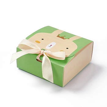 Cartoon Cardboard Paper Gift Box, with Ramdom Color Ribbon, Rectangle, Yellow Green, Rabbit Pattern, Fold: 12.9x11.5x5.1cm