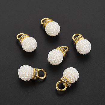 ABS Plastic Imitation Pearl Pendants, with Golden Plated Brass Loop and Crystal Rhinestone, Round, Creamy White, 17x10mm, Hole: 4mm