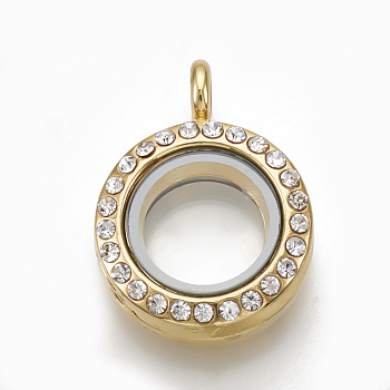 Alloy Magnetic Locket Pendants, with Rhinestone and Glass, Flat Round, Crystal, Golden, 26x19x8mm, Hole: 3.5mm, Inner diameter: 10.5mm