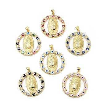 Rack Plating Brass Micro Pave Clear Cubic Zirconia Pendants, with Enamel, Cadmium Free & Lead Free, Real 18K Gold Plated, Ring & Oval with Saint & Evil Eye, Mixed Color, 32.5x30x3.5mm, Hole: 3.5x5mm