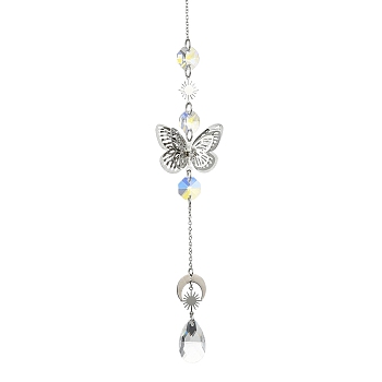 Glass Pendant Decorations, with Brass & Stainless Steel Findings, Butterfly & Teardrop, Clear, 299mm