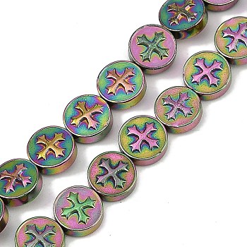 Electroplated Synthetic Non-magnetic Hematite Beads Strands, Flat Round with Cross, Rainbow Plated, 8x3mm, Hole: 0.8mm, about 51pcs/strand, 15.75''(40cm)