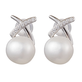 Natural Pearl Ear Studs, with Sterling Silver Micro Pave Clear Cubic Zirconia Findings, Round, Platinum, 14x9mm