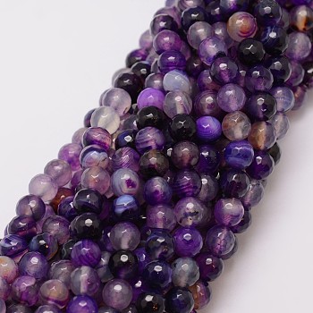 Natural Striped Agate/Banded Agate Bead Strands, Dyed, Faceted, Round, Medium Orchid, 8mm, Hole: 1mm, about 47pcs/strand, 14 inch