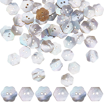 80Pcs 2 Style 2-Hole Shell Buttons, Hexagon & Flower, Seashell Color, 11~13x12.5~13x0.5~1mm, Hole: 1.5~1.6mm, 40pcs/style