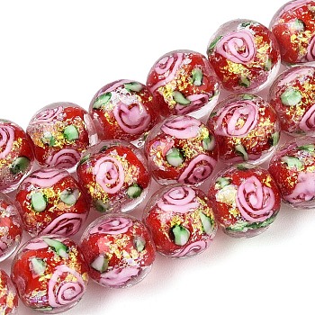 Handmade Foil Glass Beads Strands, Round, with Inner Flower, Crimson, 9.5~10.5mm, Hole: 1.2~1.6mm, about 38~40pcs/strand, 13.98~14.76 inch(35.5~37.5cm)