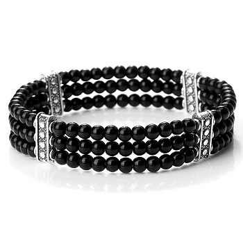 Round Natural Obsidian & Alloy Multi-Strand Beaded Stretch Bracelets for Women Men