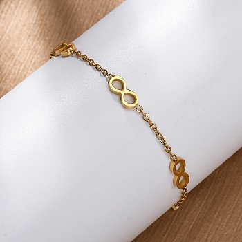 304 Stainless Steel Infinity Link Bracelets, Cable Chain Bracelets for Women, Ion Plating(IP), Golden, 6-3/4 inch(17.2cm)