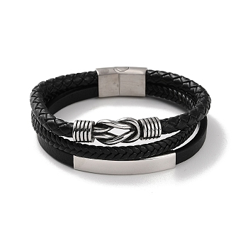 Men's Braided Black PU Leather Cord Multi-Strand Bracelets, Knot 304 Stainless Steel Link Bracelets with Magnetic Clasps, Antique Silver, 8-5/8 inch(21.8cm)