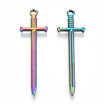 304 Stainless Steel Pendants, Sword Charm, Rainbow Color, 45x13.5x2mm, Hole: 1.8mm