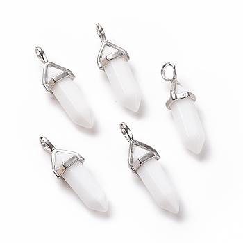 Bullet Glass Pointed Pendants, with Platinum Tone Brass Findings, Lead free and Cadmium Free, White, 28~29.5x9~9.5x8mm, Hole: 4.5x3mm