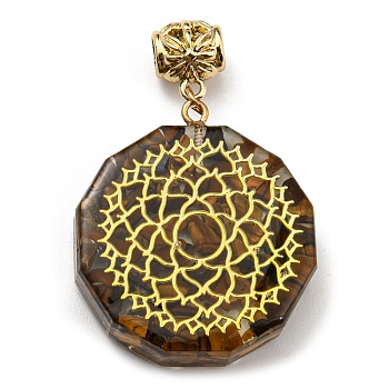Natural Tiger Eye European Dangle Polygon Charms, Large Hole Pendant with Golden Plated Alloy Flower Slice, 53mm, Hole: 5mm, Pendant: 39x35x11mm