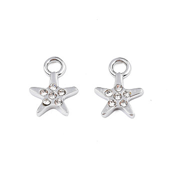 304 Stainless Steel Charms, with Crystal Rhinestone, Star, Stainless Steel Color, 11.5x9x2mm, Hole: 2mm