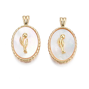 Brass Pendants, with Shell, Real 18K Gold Plated, Oval with Flower, Creamy White, 20x12x2mm, Hole: 1.8mm