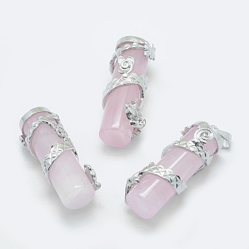Natural Rose Quartz Pendants, with Brass Findings, Column with Dragon, Platinum, 40.5~41.5x14x15mm, Hole: 3.5x5mm