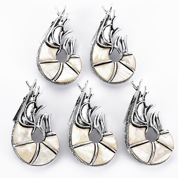 Labster Shape Natural White Shell Brooch Pin, Alloy with Rhinestone Lapel Pin for Girl Women, Lead Free & Cadmium Free, Antique Silver, PapayaWhip, 52~53x28~31x11~12mm, Hole: 7x4mm, Pin: 0.7mm
