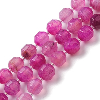 Natural Agate Beads Strands, Faceted Bicone Barrel Drum Beads, with Seed Beads, Dyed, Medium Violet Red, 12x11mm, Hole: 1.2mm, about 27pcs/strand, 14.49 inch(36.8cm)