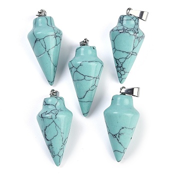 Synthetic Turquoise Gemstone Pointed Pendants, Bullet Shaped Charms with Platinum Metal Snap on Bails, 34x15mm, Hole: 7x3.5mm