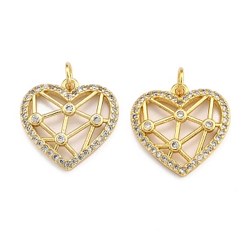Brass Micro Pave Clear Cubic Zirconia Pendants, Real 18K Gold Plated, Long-Lasting Plated, Heart, Clear, 17.5x17.5x3mm, Hole: 3.5mm, jump ring: 5x0.7mm