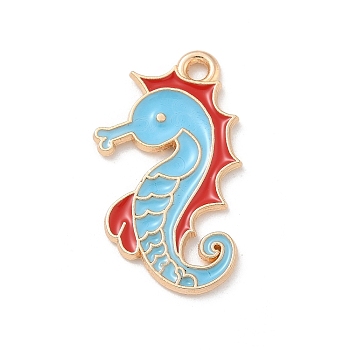 Alloy Enamel Pendants, Light Gold, Cadmium Free & Lead Free, Sea Horse Charm, Light Sky Blue, 25x14x1mm, Hole: 1.5mm