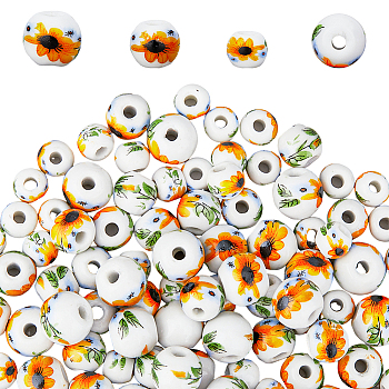 180Pcs 3 Style Handmade Porcelain Beads, Round with Sunflower Pattern, Mixed Color, 8~12x7~11mm, Hole: 3mm