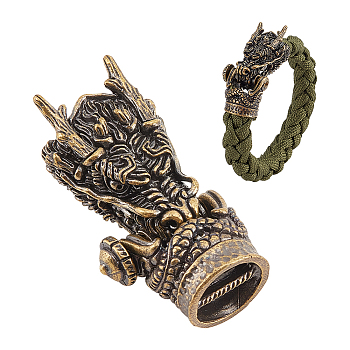 Brass EDC Beads, Parachute String Beads, Metal Charms for Knife Lanyard Keychain Bracelet, Dragon Head, Antique Bronze, 44x24x14mm, Inner Diameter: 12mm