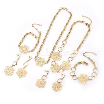 304 Stainless Steel Jewelry Sets, Necklaces & Link Bracelets & Stud Earrings, Flower, Golden, 16.33 inches~16.61 inches(41.5~42.2cm); 7-7/8 inches~8-1/8 inches(20~20.5cm); 61~71x27x0.8~1.5mm, Pin: 0.7mm(SJEW-E328-01)