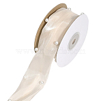 1Roll Polyester Ribbon, with Plastic Imitation Pearl, for DIY Veils Blushers Fascinators, Stage Set, Bowknot Making, Linen, 1-5/8 inch(40mm), 1roll/set(OCOR-CY0002-46B)