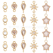 20Pcs 5 Style Brass Micro Pave Cubic Zirconia Links, Long-Lasting Plated, Flat Round & Star & Teardrop & Heart, Cadmium Free & Nickel Free & Lead Free, Real 18K Gold Plated, 4~10x4~8x2~4mm, Hole: 0.9~1.2mm, 4pcs/style(KK-BC0007-59)