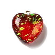 Transparent Resin Pendants, Heart Charms, with Gold Foil and Golden Tone Iron Loops, Red, 23.5~24x22x11~12mm, Hole: 2mm(RESI-F035-02D)
