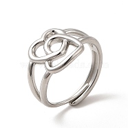 304 Stainless Steel Double Heart Adjustable Ring for Women, Stainless Steel Color, Inner Diameter: 19mm(RJEW-P081-02P)