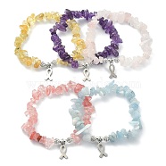 Natural & Synthetic Mixed Gemstone Chips Beaded Stretch Bracelets, Stainless Steel Breast Cancer Care Ribbon Charms Bracelet, Inner Diameter: 1-7/8~2 inch(4.7~5.1cm)(BJEW-JB09586)