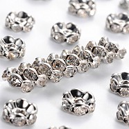 Brass Rhinestone Spacer Beads, Grade A, Wavy Edge, Platinum Metal Color, Rondelle, Crystal, 8x3.8mm, Hole: 1mm(RB-A014-L8mm-01P)