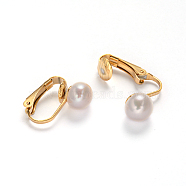 Golden Tone 304 Stainless Steel Freshwater Pearl Clip-on Earrings, Creamy White, 16x4x16mm(EJEW-M188-08D)
