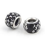 Polymer Clay Rhinestone European Beads, Large Hole Beads, Rondelle, with Silver Color Plated Brass Cores, Hematite, 10~12x7~8mm, Hole: 5mm(CPDL-T001-09)