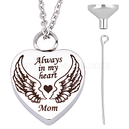 CREATCABIN Mom Always in My Heart Wing Urn Pendant Necklace, Heart Ashes Urn Memorial Necklace, with Stainless Steel Mini Funnel, Word, 21.85 inch(55.5cm)(STAS-CN0001-10A)