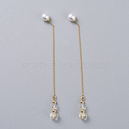 Long Chain Earrings, Brass Dangle Stud Earrings, with Glass Beads, Acrylic Imitation Pearl Earring Backs/Ear Nuts, Golden, Clear, 112mm, Pin: 0.7mm(EJEW-JE03677-02)