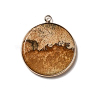 Natural Picture Jasper Pendants, Flat Round Charms, with Golden Plated Brass Frame, 35x31x3~3.5mm, Hole: 2.5mm(G-A213-01G-07)