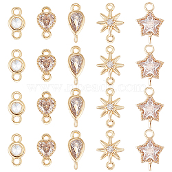 20Pcs 5 Style Brass Micro Pave Cubic Zirconia Links, Long-Lasting Plated, Flat Round & Star & Teardrop & Heart, Cadmium Free & Nickel Free & Lead Free, Real 18K Gold Plated, 4~10x4~8x2~4mm, Hole: 0.9~1.2mm, 4pcs/style(KK-BC0007-59)