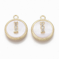 Brass Micro Pave Cubic Zirconia Pendants, with Shell, Flat Round with Letter, Nickel Free, Clear, Creamy White, Real 18K Gold Plated, Letter.I, 17x14x4mm, Hole: 1.8mm(KK-T062-04I-NF)