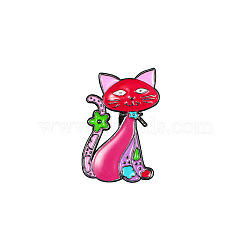 Cat with Flower Badges, Alloy Enamel Pins, Cute Cartoon Brooch, Deep Pink, 28x18mm(PW-WG49995-01)