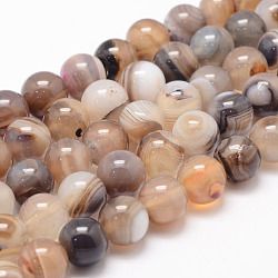 Natural Striped Agate/Banded Agate Bead Strands, Round, Grade A, Dyed & Heated, Tan, 10mm, Hole: 1mm, about 37~38pcs/strand, 14.5 inch(X-G-K155-A-10mm-13)